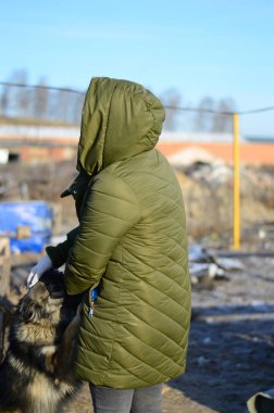 İnsan barınaktaki köpeği okşar Kafesteki sokakta