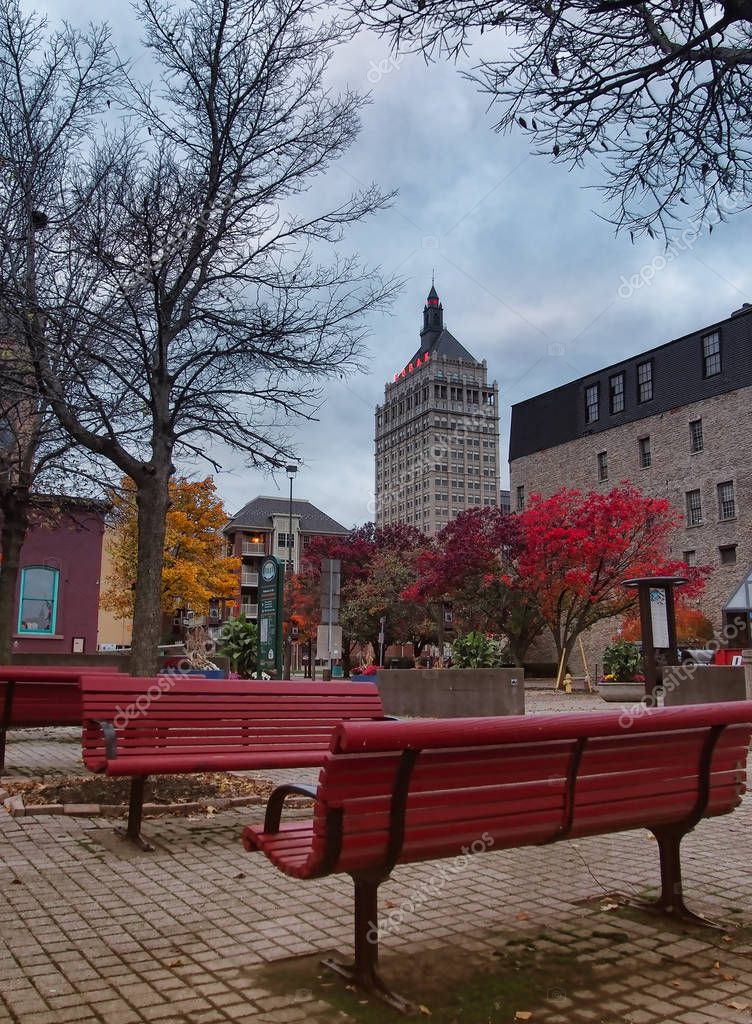 Rochester Park With Kodak Headquarters In The Distance Stock