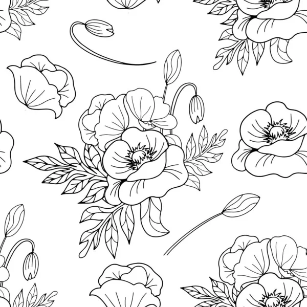 Field poppy flower. Hand drawn vector outlined seamless pattern.