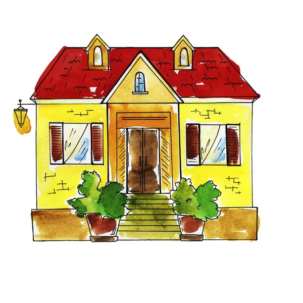 Bella Pittura Acquerello Modello Casa Colorata Sfondo — Foto Stock