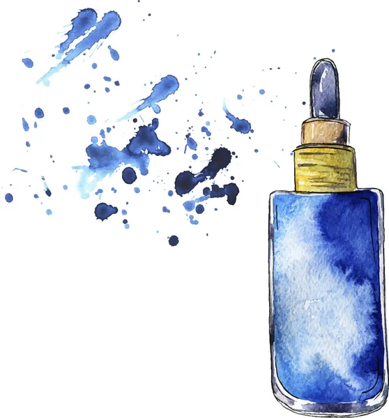 Niebieską Butelką Creme Lub Perfumy Rysowane Przez Akwareli Tuszu Ilustracja — Wektor stockowy