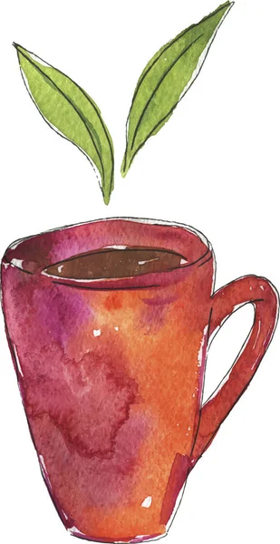Vektoros Illusztráció Design Piros Csésze Tea Zöld Levelek — Stock Vector