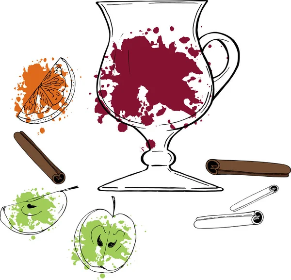 Diseño Ilustración Vectorial Vino Caliente Con Palitos Canela Manzanas Rodajas — Archivo Imágenes Vectoriales