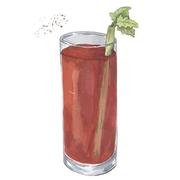 一杯血腥的玛丽鸡尾酒由水彩和墨水画 手绘插图 — 图库矢量图片