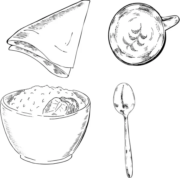 用墨水画的早餐 卡通线素描 燕麦片和草莓 卡布奇诺 手绘矢量图 — 图库矢量图片