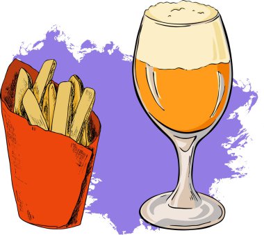vektör çizim tasarım taze bira cam zemin üzerine patates kızartması ile 