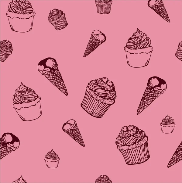 Tatlı Kek Dondurma Dikişsiz Desen Arka Plan Tasarımını Illüstrasyon Vektör — Stok Vektör