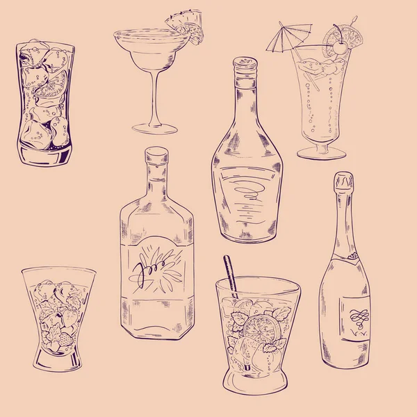 Vektor Illustration Design Von Frischen Cocktails Und Flaschen Auf Hintergrund — Stockvektor