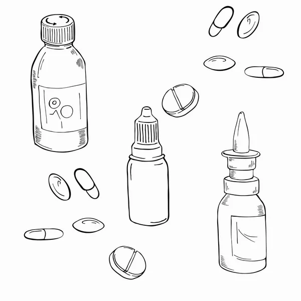 Conjunto Pastillas Drogas Iconos Atención Médica Ilustración Vectorial Dibujada Mano — Vector de stock