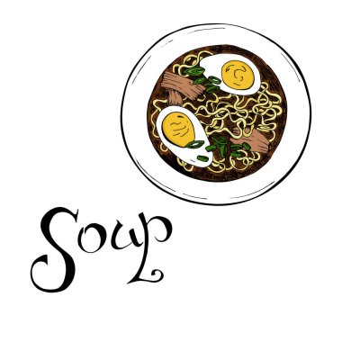 vektör çizim tasarım metin çorbası ile beyaz arka plan üzerinde izole yumurta ile lezzetli miso çorbası