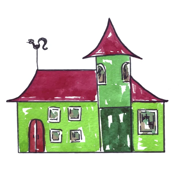 Disegno Illustrazione Vettoriale Bella Pittura Acquerello Del Modello Casa Verde — Vettoriale Stock