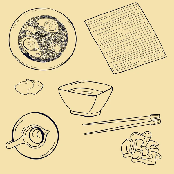 Vector Ilustración Diseño Japón Menú Conjunto Sushi Sashimi Aislado Sobre — Archivo Imágenes Vectoriales