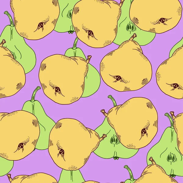 Векторна Ілюстрація Дизайну Свіжих Жовтих Груш Безшовний Візерунок Фіолетовому Фоні — стоковий вектор