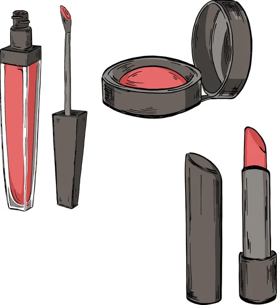 Diseño Ilustración Vectorial Maquillaje Conjunto Con Lápiz Labial Rojo Patrón — Vector de stock