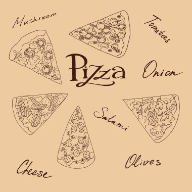 vektör çizim tasarım metin zemin üzerine lezzetli dilimlenmiş pizza simgesinin