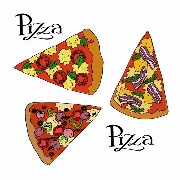 Vector Ilustración Diseño Sabroso Icono Pizza Rodajas Fondo Con Texto — Vector de stock