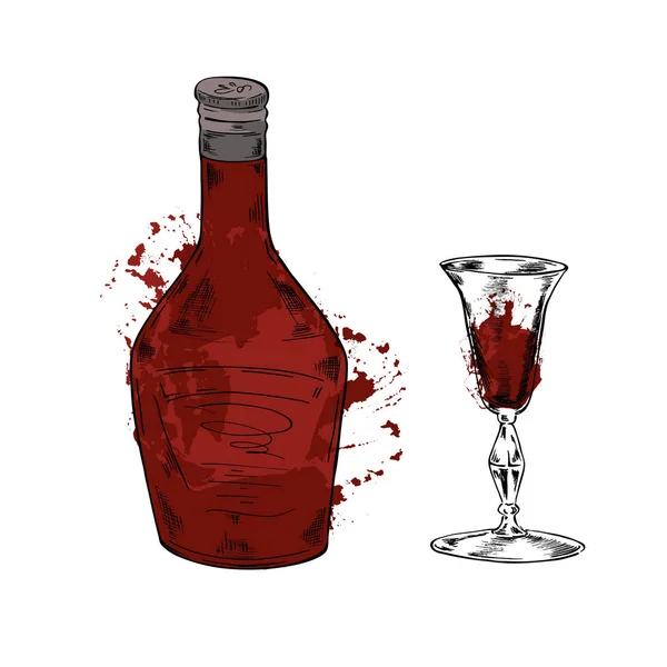 Desenho Ilustração Vetor Vinho Tinto Ajustado Com Garrafa Vidro Isolado — Vetor de Stock