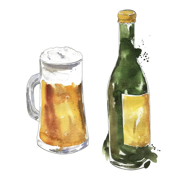watercolor painting of beer glass and bottle set on background