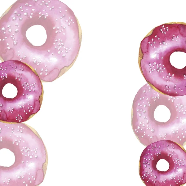 Beyaz Arka Plan Üzerinde Izole Tatlı Pembe Donuts Suluboya Resim — Stok fotoğraf