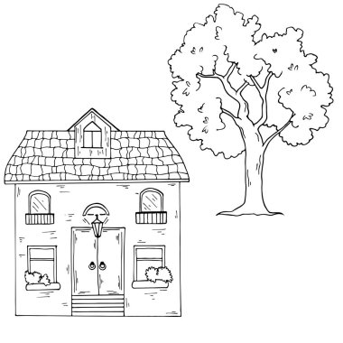 vektör çizim tasarım güzel çizilmiş resim evin ağaç desenli 