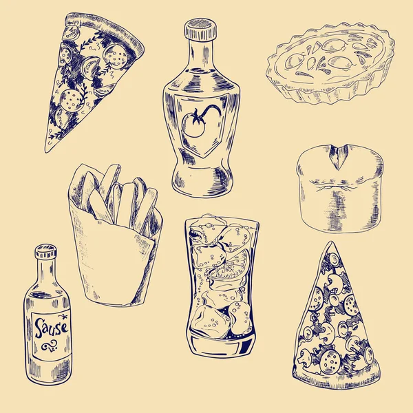 一组比萨饼 苏打水 法式薯条和一瓶酱油 手绘矢量图 — 图库矢量图片