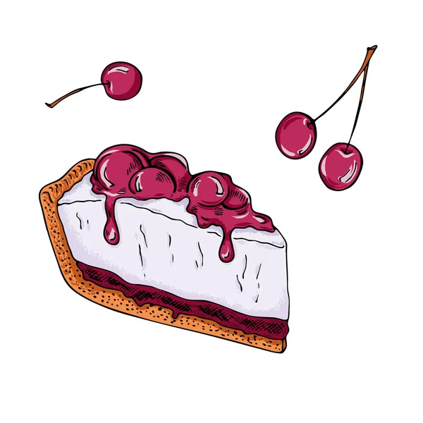 Tarta Queso Con Mermelada Cereza Bayas Cereza Sobre Fondo Blanco — Vector de stock