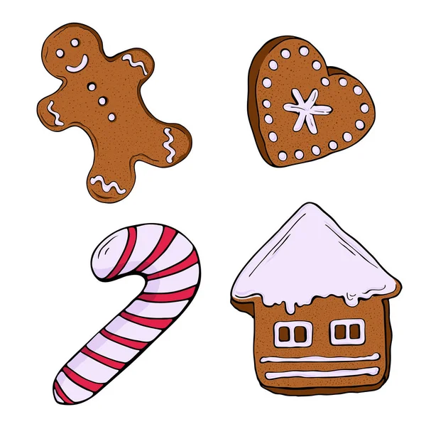 伝統的なクリスマスのクッキー ジンジャーブレッド人と白い背景の分離除去お菓子のセットです 漫画インク スケッチ 手描きの背景イラスト — ストックベクタ