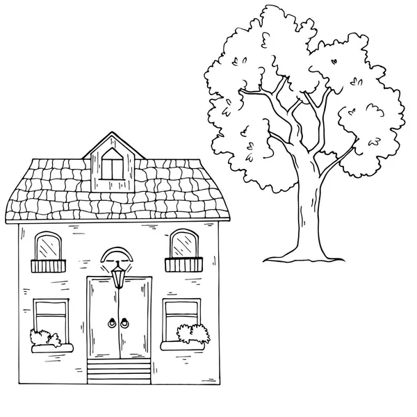 Векторная Иллюстрация Дизайна Красивой Ручной Росписи Дома Рисунком Дерева — стоковый вектор