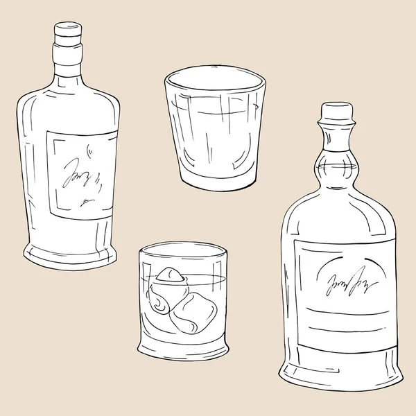 Set Botellas Vino Alcohol Fuerte Vasos Bebida Aislados Sobre Fondo — Vector de stock