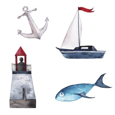 vektör çizim tasarımı güzel suluboya resim deniz tekne, Balık ve deniz feneri ile arka plan belirleme