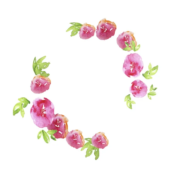 Vector Εικονογράφηση Σχεδιασμός Όμορφη Ζωγραφική Νερομπογιές Ροδαλά Λουλούδια Στεφάνι Πράσινα — Διανυσματικό Αρχείο
