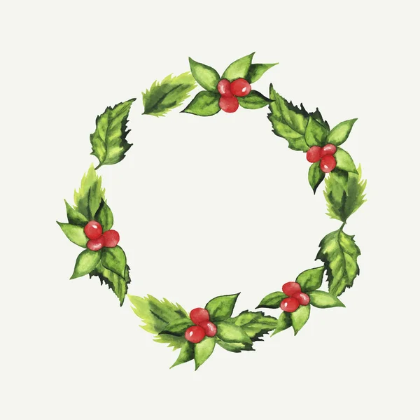 野生の赤い果実と緑色の葉とクリスマスの花輪の美しい水彩画のベクトル イラスト デザイン — ストックベクタ