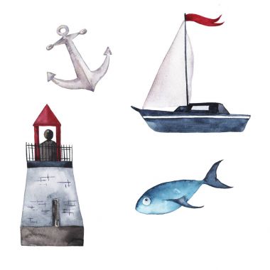 güzel suluboya resim deniz tekne, Balık ve deniz feneri ile arka plan belirleme