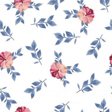 pembe Gül çiçek ve mavi güzel suluboya resim Dikişsiz desen arka plan bırakır