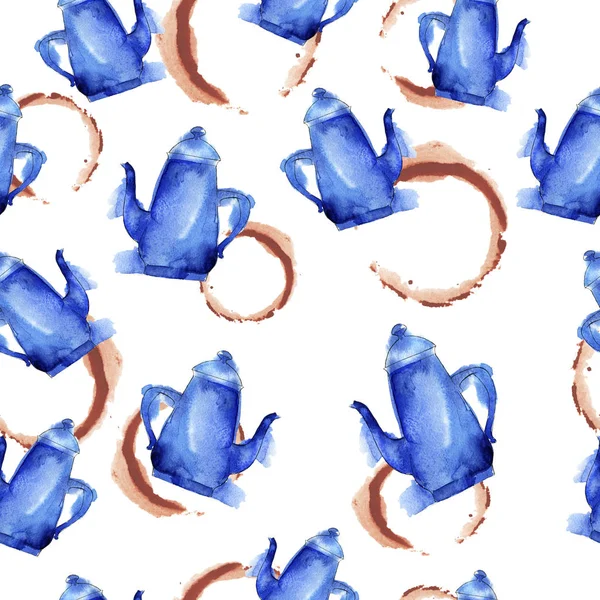 Aquarel Van Naadloze Patroon Blauwe Theepot Geïsoleerd Witte Achtergrond — Stockfoto