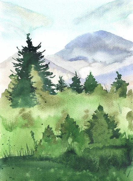 Beautiful Watercolor Painting Summer Landscape Green Wood Evening — Stock Photo, Image