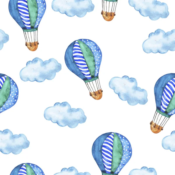 Watercolor Painting Blue Clouds Balloons Seamless Pattern Background — Stock Photo, Image