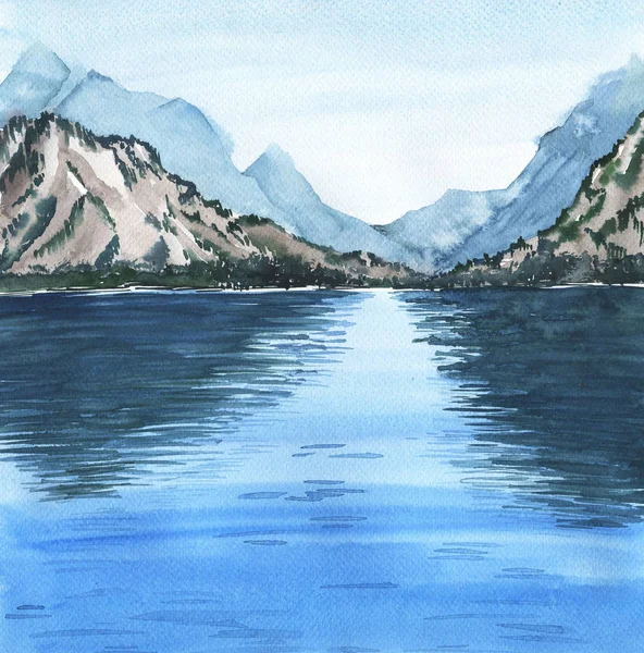 Watercolor Painting Blue Sea Water Mountain Background — Stock Photo, Image