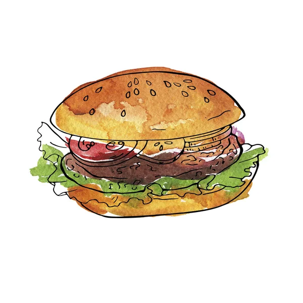 Akwarela Malarstwo Smaczne Burger Szynką Warzywami Białym Tle — Zdjęcie stockowe