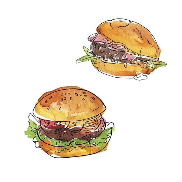 Akwarela Malarstwo Smaczne Hamburgery Szynką Warzywami Białym Tle — Zdjęcie stockowe