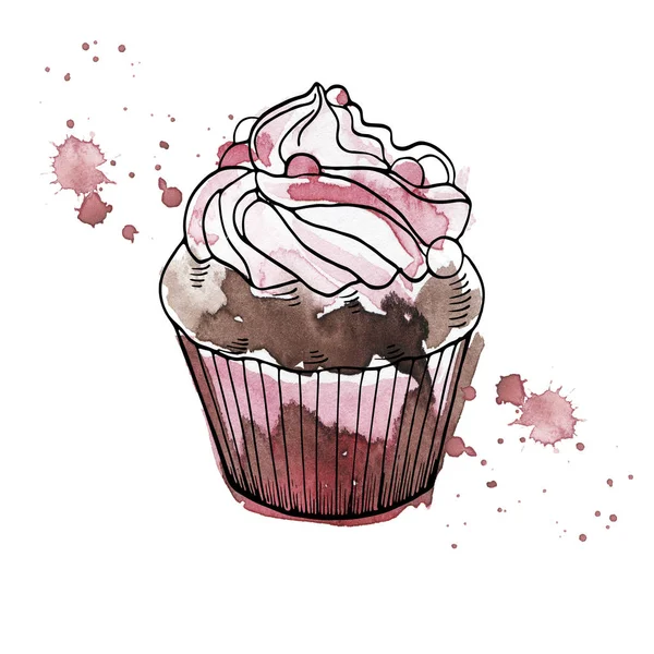 Aquarelle Peinture Cupcake Sucré Isolé Sur Fond Blanc — Photo