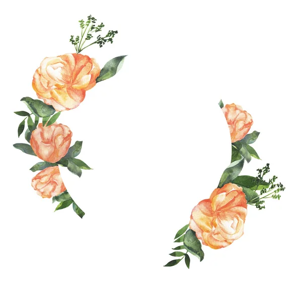Красиве Акварельне Розфарбування Красивих Помаранчевих Троянд Зеленого Листя — стокове фото