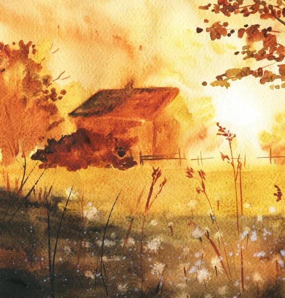 Beautiful Watercolor Painting Country House Tree Sunset Time — Stock Photo, Image