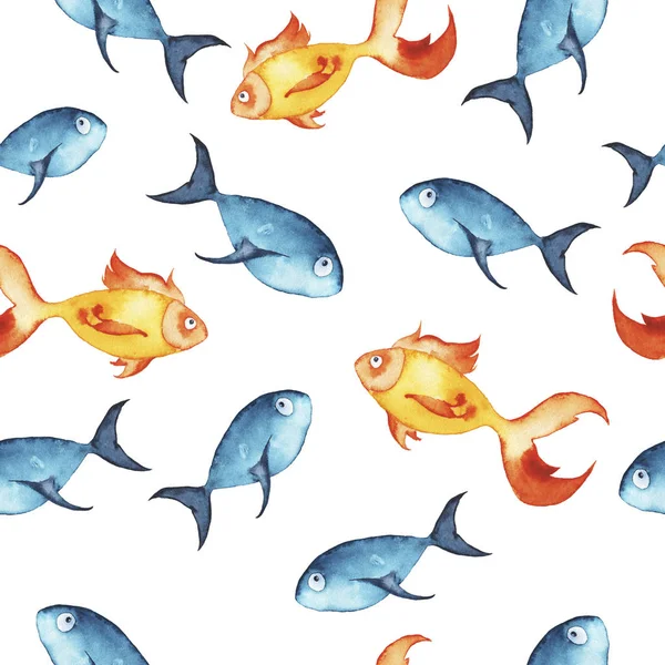 Altın Mavi Balık Dikişsiz Desen Arka Plan Güzel Suluboya Resim — Stok fotoğraf