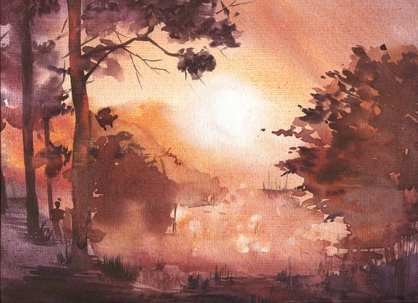 Schöne Aquarellmalerei Der Herbstlandschaft Mit Holz Abend — Stockfoto