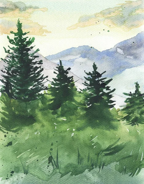 Beautiful Watercolor Painting Summer Landscape Green Wood Evening — Stock Photo, Image