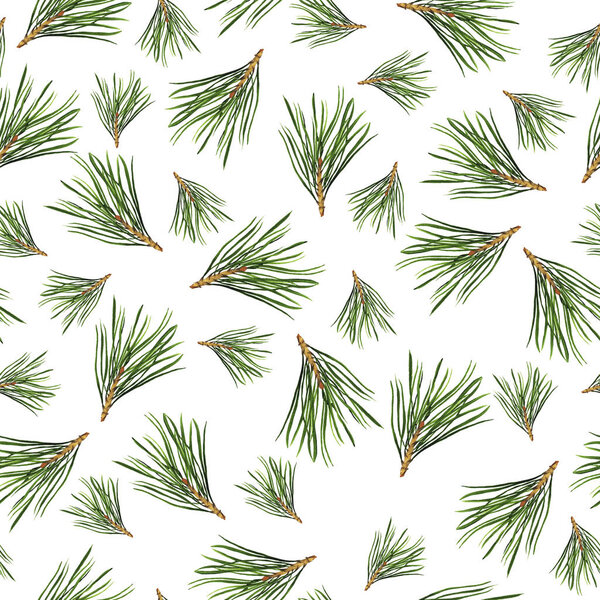 beautiful hand-drawn illustration of green pine tree branches seamless pattern background 