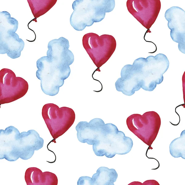 Aquarela Pintura Nuvens Azuis Balões Forma Coração Sem Costura Fundo — Fotografia de Stock