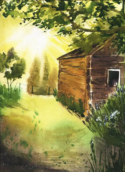 Beautiful Watercolor Painting Wooden House Trees Sunset — Stock Photo, Image