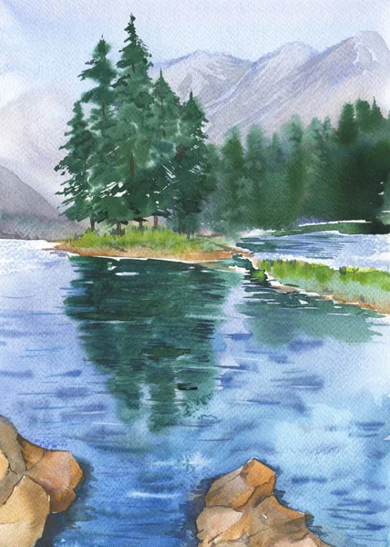 Akvarellmaling Blått Vann Fra Innsjøer Fjellbakgrunn – stockfoto